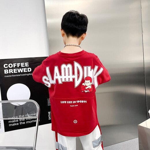 McTicco Boys kurzärmelige Kinder Sommer-T-Shirt Pure Cotton Flush Hälfte Ärmeln 2024 Neue Big Children's Street Casual Top 9751 Rot + 9732 Streifen 130 cm