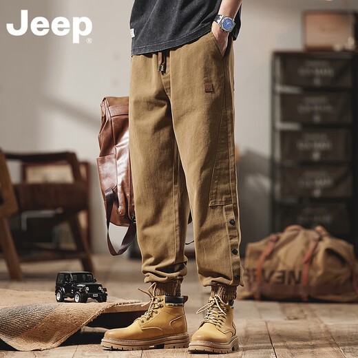 吉普（JEEP）美国正品纯棉工装休闲裤夏季男士宽松直筒束脚修身哈伦潮流长裤子 灰色 薄款 【官方正品】 M 【推荐100-120斤】