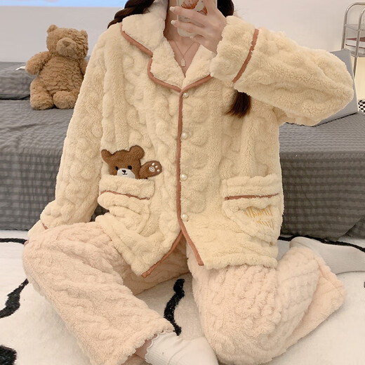 Qiao Yumeng Pajamas para mujeres en invierno en espesor en espesor de terciopelo de coral cálido lindo dibujos animados de internet estilo celebridad de otoño e invierno ropa para el hogar MF-897# Light Luxury Plaid Children Style M