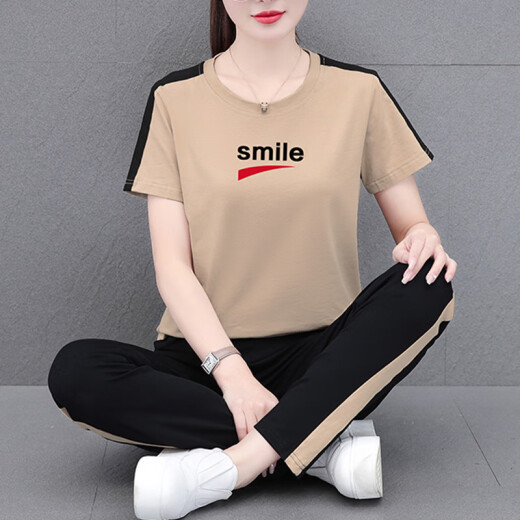 NY-EMMA运动套装女短袖夏季棉质休闲时尚中年洋气减龄广场舞跑步服两件套 695灰色（长裤套装） XL(建议110-125斤)