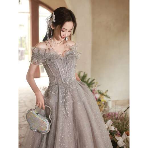 Vestido de noche de Minghuitong para mujeres 2024 Nuevo regalo de cumpleaños Temperamento elegante Banquete que anfla los exámenes de arte de los estudiantes se pueden usar normalmente 1694 gris xl