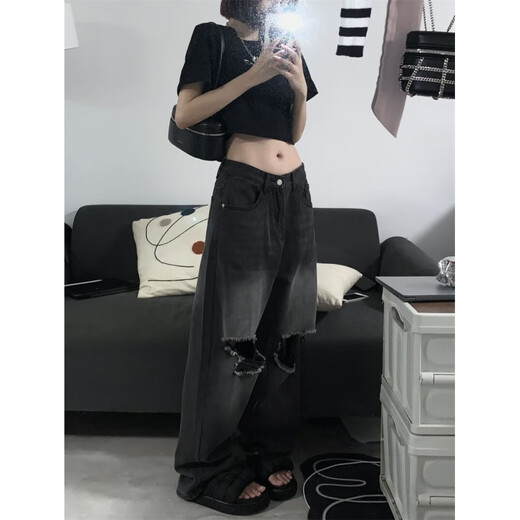 简方位美式复古设计感破洞牛仔裤夏痞帅街头无性别百搭阔腿长裤男女ins 9930黑色+腰带 S