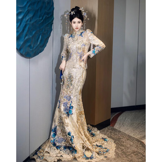 Wen Mi Golden Xiuhe Clothing Blue Heavy Industry Wedding Wedding 2024 Nuevo vestido de novia chino de novia Toast Toast Ropa Phoenix Crown y Red Winter Gold Blue 2xl