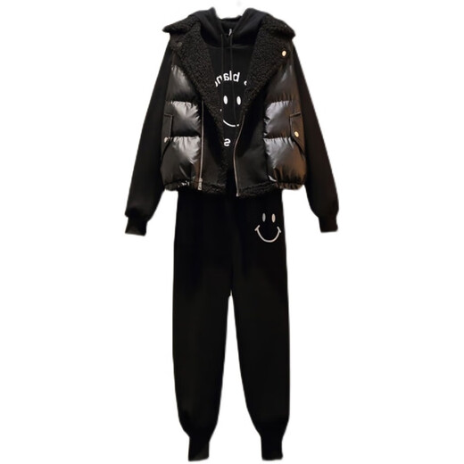 Lisaft Women's 2024 Autumn and Winter New Casual Sports Velvet Thickened Sweater Vest Three-piece Suit 9738# Black Three-piece Suit L