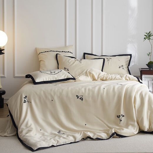 Arctic Velvet (Bejirog) Class A 100 Count Lenzing Tencel Four-piece Set Summer Ice Silk Light Luxury Embroidered Quilt Cover Naked Sleeping Sheet Bedding Lenzing Tencel-Black Pansy 1.8 Meter Four-piece Set (200*230cm Quilt Cover)