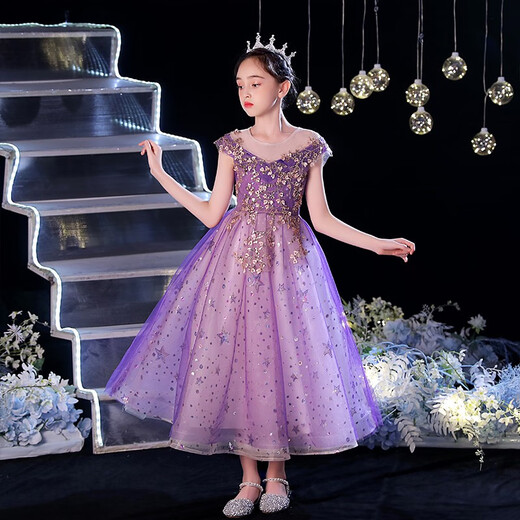 小咔衣浓儿童礼服公主裙高端花童婚礼小女孩走秀主持人女童钢琴演出服夏季 高贵紫1591无袖长款 110