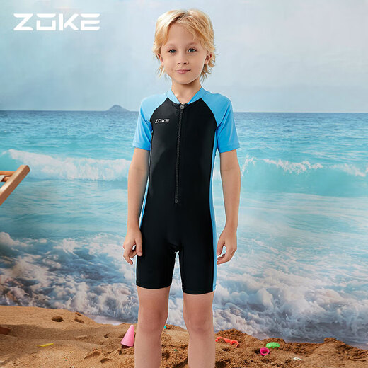 ZOKE children's swimsuit one-piece boys and girls boxer short-sleeved training swimsuit 115604419 black/light blue 14