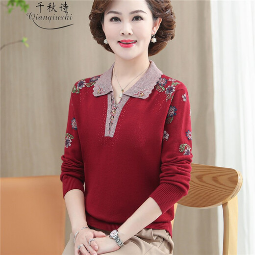 Qianqiu Poésie, d'âge moyen et de personnes âgées Nouveau automne et de chair de laine de revers d'hiver Plus Fat Plus taille de pull de base de la mère, Big Red XD829 L recommandé 100-110jin [Jin est égal à 0,5 kg]