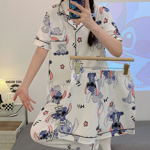 史迪仔三件套睡衣女短袖短裤长裤棉夏季2025年新款学生可爱卡通 14126#黄色拉布布 三件套 M  80-100斤