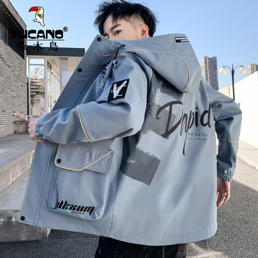 Woodpecker 2022 new Hong Kong style work jacket men's spring and autumn thin ins trendy brand loose casual jacket hooded top 16819 gray 180/2XL