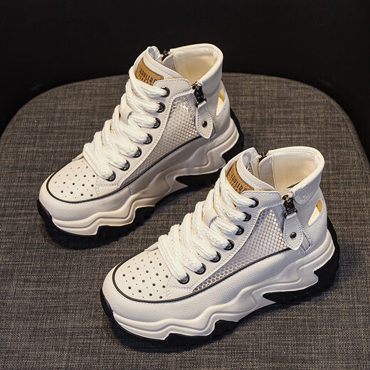 OTMX SAPOS DE PAPO ZAPATROS CORRALES DE MUJERES COWHIDE HIGH TOP FURAN AMIGA 2025 Spring y otoño Nuevas zapatillas de viaje versátiles de suela gruesa 677-1 Beige Mesh 37