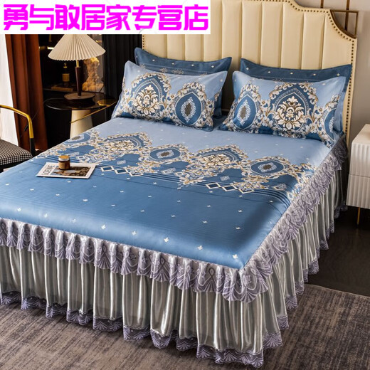 Modu European style bed skirt bed cover cover washable machine washable soft mat summer spring garden - blue 2x2.2 meters