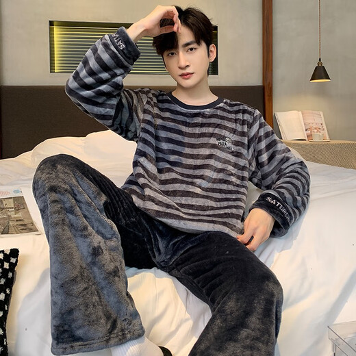 
Pajamas men's autumn and winter thickened coral coral velvet teenager students round neck warm winter home clothing set KZY3890 Men's 2XL code recommended 180CM (150Jin [Jin equals 0.5 kg])