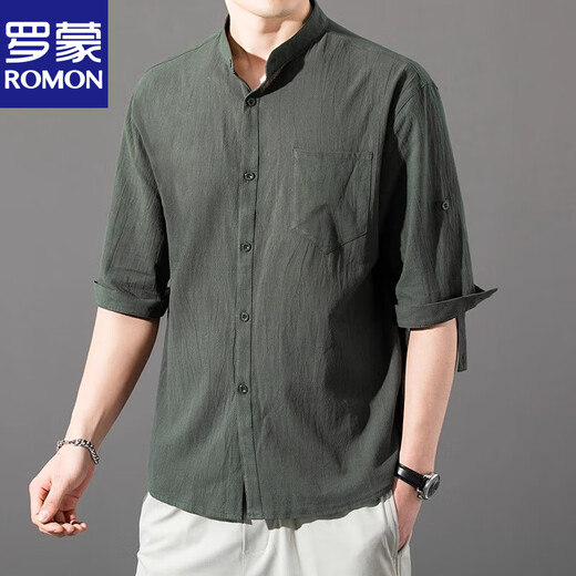 
Lomon Chinese style cotton linen men's T-shirt with seven-quarter sleeves pure cotton linen simple stand collar short-sleeved men's shirt 8K02 military green mid-sleeved 4XL (165-180Jin[Jin equals 0.5 kg])