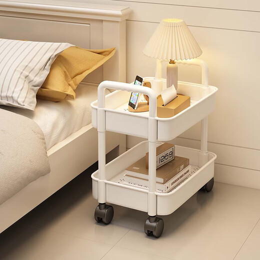 Verschwenden Sie keine Zeit, Nachttisch, schlicht, modern, Schlafzimmer, Nachttisch, kleines Aufbewahrungsregal, Heimsofa, Mini-Beistelltisch, beweglicher kleiner Schrank, zwei Schichten – perlweiß, gratis, 4 Riemenscheiben + Haken