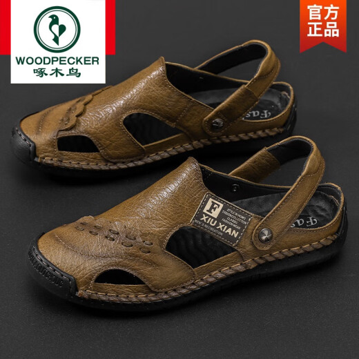 Woodpecker brand sandals men's leather top layer cowhide sandals summer breathable outdoor non-slip casual soft-soled beach shoes Black A689 41