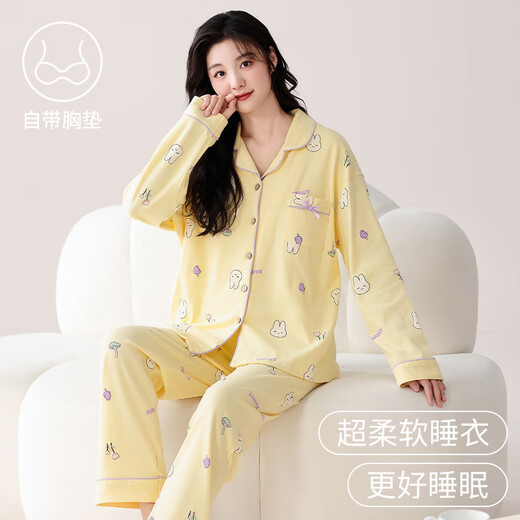 
Catman (MiiOW) pajamas with breast pad for women pure cotton spring and autumn 2024 new thin long sleeves for outside sweet home clothing set LMSJ753 L