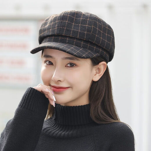 Pisces rabbit beret big head circumference autumn and winter style plaid hat women's fashion octagonal hat British Korean style Japanese hat (large plaid) coffee one size one size adjustable