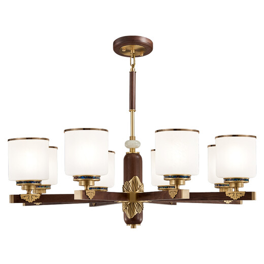 Kupfer Herz Holzholz neuer chinesischer Kronleuchter voll kupfer chinesischer Stil Wohnzimmer Lampe antike schwarze Walnussrestaurant-Schlafzimmer Lampe Massivholz Wohnzimmer Kronleuchter J9731-8 Kopf [mit dreifarbiger Glühbirne]