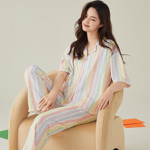 莫代尔睡衣女夏季100%纯棉短袖长裤春秋薄款条纹女士开衫甜美家居服 N1508[纯棉款] L码[建议100-120斤]