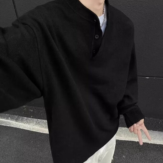 Tang Hao Autumn American Henley Collar Casual Sweater Boys Trendy Versatile Loose Couples Students Handsome Bottoming Sweater Gray XL