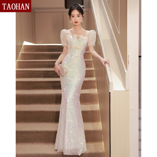 TAO HAN evening dress for women 2024 new banquet temperament light luxury niche high-end French fishtail princess dress champagne gold long XS