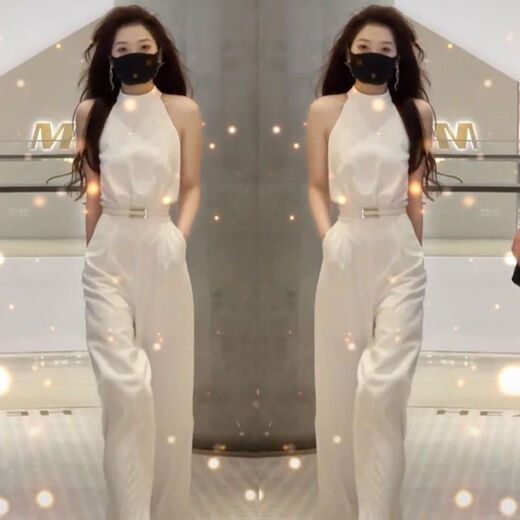 Xi Xuchen Street Internet celebrity style jumpsuit for women 2022 summer design neckband off-shoulder high-waist slimming jumpsuit trendy off-white [belt] M [recommended 95-105Jin [Jin equals 0.5 kg]]