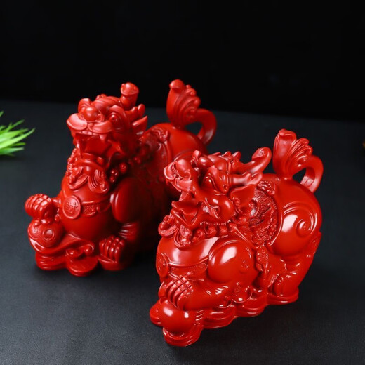 Natural cinnabar Pixiu ornaments to attract wealth and blessing Feng Shui decorations for living room and home office decoration crafts gifts Large size Pixiu male and female pairs about 17*7.5*14cm