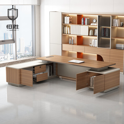 Hengsheng high-end executive desk boss desk chairman desk president office new Chinese style high-end atmospheric table and chair combination 3.2 meters boss table long side cabinet + boss chair