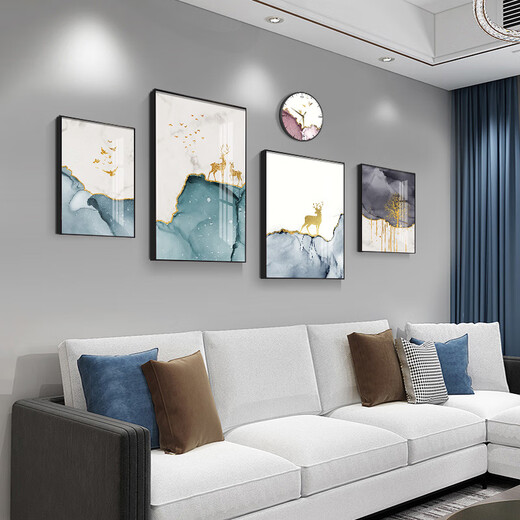 Mohu living room decoration painting sofa background wall new style mural modern simple TV background atmospheric abstract four-pair hanging painting Abstract art 15930 (including wall clock) Art crystal porcelain group-thin style gold frame
