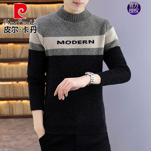Pier Cardin Men's Sweater Trendy Gold Mink Twit Sweater Men's Automne and Winter Sweater Top Student épaissis Handsome Base Shirt [Style d'hiver] 687 Gold Mink-Black épaissi L 105-120JIN [Jin est égal à 0,5 kg]