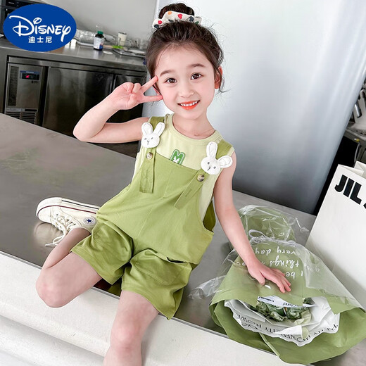 迪士尼（Disney）儿童背带裤套装夏款女童无袖薄款两件套2025新款洋气小女孩衣服潮 玫红色 130 适合身高120-130cm年龄7-8周