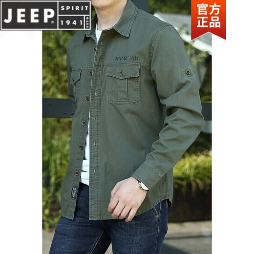 JEEP SPIRIT长袖衬衫男士春秋休闲纯棉大码宽松衬衣青年上衣薄款外套男 加绒军绿色 1389 XL