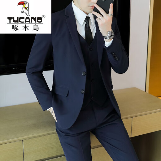 Woodpecker Casual Suit Suit Men's Korean Style Business Suit Three-piece Slim Wedding Groomsmen's and Groom's No-Iron Suit Jacket Two-button Navy Suit + Vest + Pants + Belt + Tie 5XL