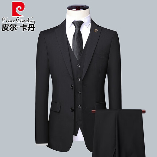 皮尔卡丹高档三件套西服套装男修身商务西装男休闲职业装正装新郎西装礼服 黑色两件套(西装+裤子)衬衫 180