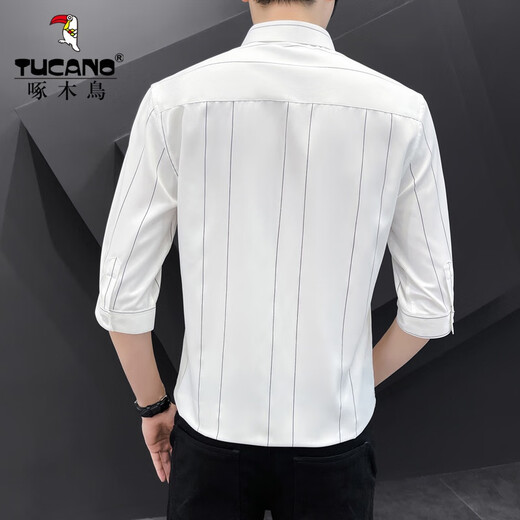 
Woodpecker (TUCANO) shirt men's long-sleeved 2024 spring new fashion trendy men's versatile quarter-sleeved striped shirt men's top DC677 white 2XL