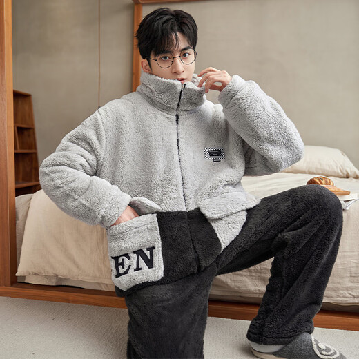 蓓星彤男士睡衣秋冬季珊瑚绒加厚加绒保暖青年休闲可外家居服秋冬款套装 1349N浅灰+黑色【立领款】 L 【建议100-138斤】