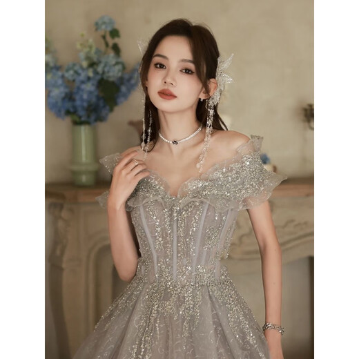 Vestido de noche de Minghuitong para mujeres 2024 Nuevo regalo de cumpleaños Temperamento elegante Banquete que anfla los exámenes de arte de los estudiantes se pueden usar normalmente 1694 gris xl