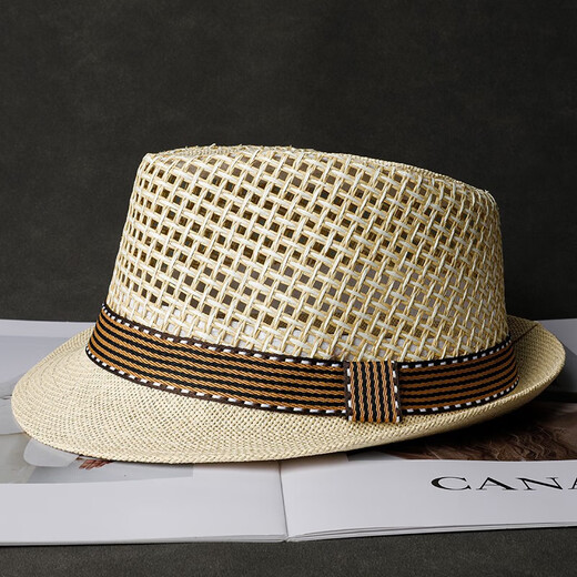 Sumu Bai Chapeau Haut de Forme à la Mode Chapeau de Paille pour Hommes Chapeau de Soleil de Bord de mer d'été Chapeau de Protection Solaire Respirant Chapeau de Jazz d'âge Moyen et âgé Beige Style Adulte (56-58 cm)