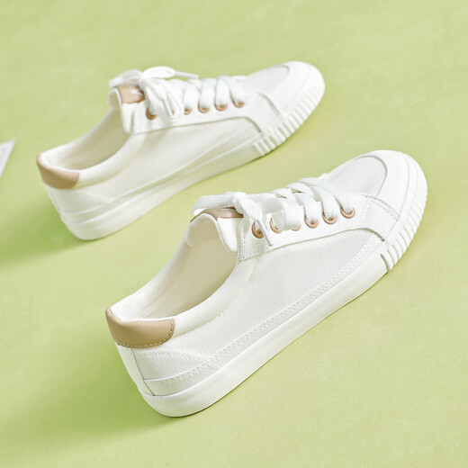 Menschlichem atmungsaktives Mesh-Leinwandschuhe für Frauen Sommer-Netz vielseitige Freizeitbrettschuhe Korean Thin Hollow Student Mesh kleine weiße Schuhe Beige 2575 38