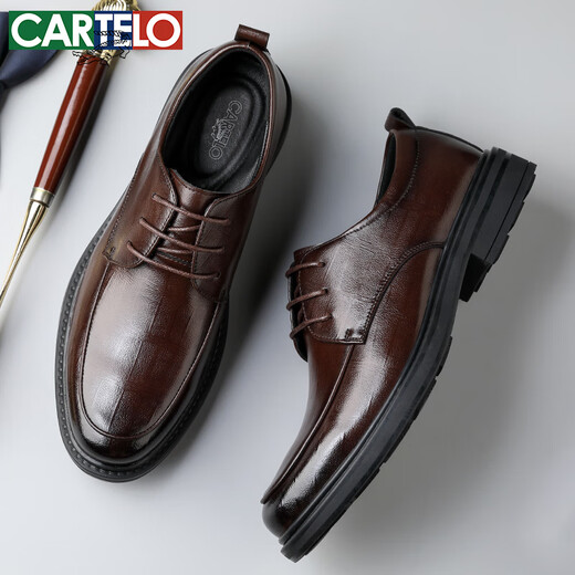 CARTELO plaid men's leather shoes wear-resistant soft cowhide casual leather shoes men's business round toe thick-soled men's shoes 9672 brown 41