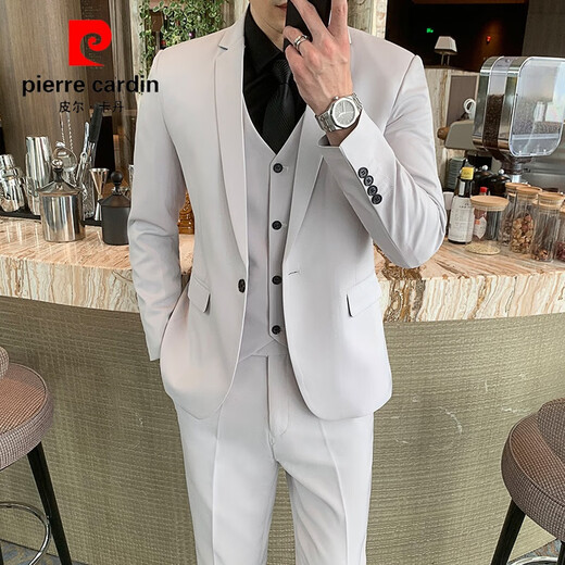 Pierre Cardin Casual Suit Men's Slim Business Professional Formal Korean Groomsmen's Dress Groom's Host Suit Jacket One Button Navy Suit + Vest + Pants Belt 3XL