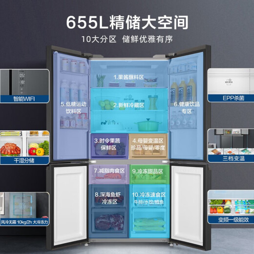 海尔冰箱655升大容量十字四开门一级变频风冷无霜 BCD-655WGHTD9DG9U1 655升整机1年压缩机3年保 EPP超净系统母婴变温区干湿分储