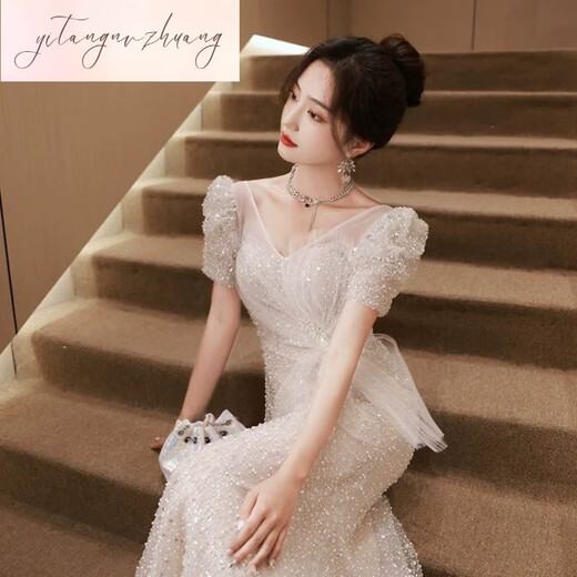 
Lanlingfang fishtail evening dress women's touching sequins light luxury niche birthday wedding dress French hosting banquet temperament Rice gray S