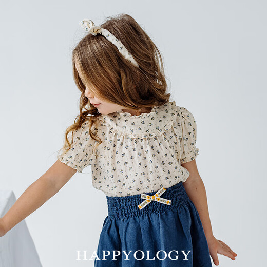 happyology英国女童夏季木耳边泡泡袖高级感衬衫女宝宝纯棉上衣 小野花 104 (104cm)
