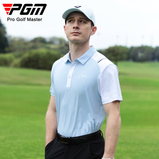 PGM高尔夫服装夏季男士短袖 运动T恤 不对称袖子拼接 golf男上衣 YF682-冰晶蓝【上衣】 L