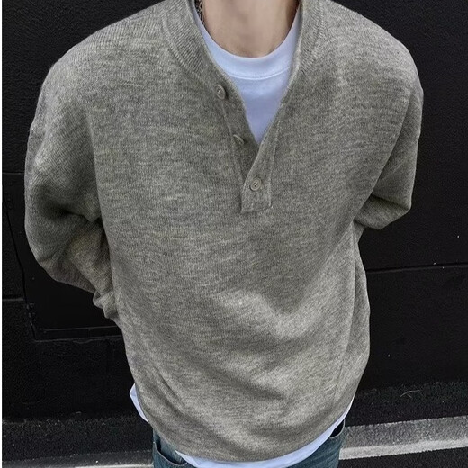 Tang Hao Autumn American Henley Collar Casual Sweater Boys Trendy Versatile Loose Couples Students Handsome Bottoming Sweater Gray XL