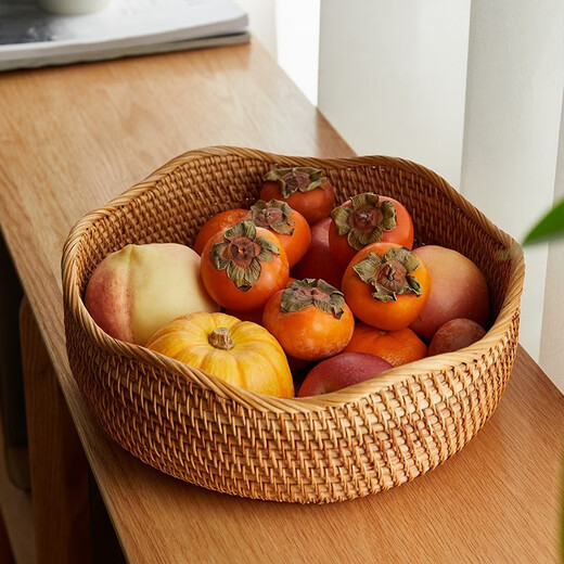 Jiaren Tiancheng rattan fruit basket, Vietnamese bamboo storage basket, living room round woven fruit plate, straw woven steamed bun basket tray product, wavy edge large size 28 9