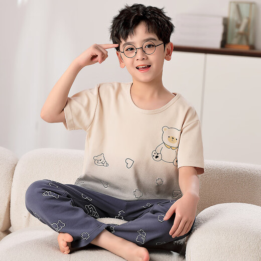 Mannido Kinderpyjamas Jungen Sommer kurzärmelige Hose reine Baumwoll-Dünne Jungen Frühling und Herbst Baumwoll-Kleidungsstück F724 [Kurzlänge] XL-Code Empfohlen 165-170 cm