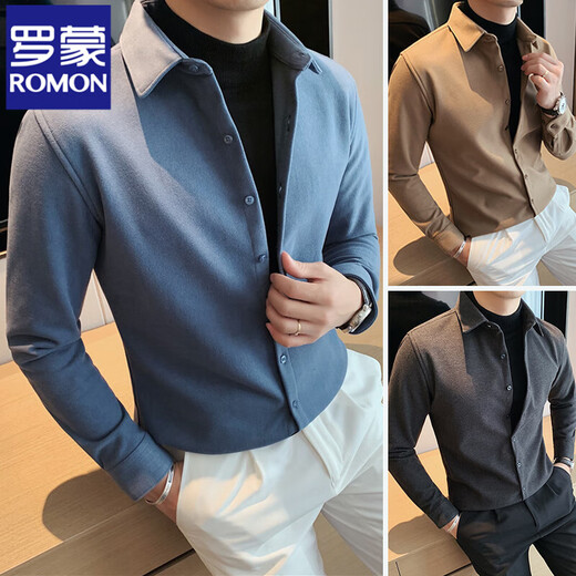 
ROMON warm shirt men's 2025 autumn and winter woolen thickened shirt new style handsome men's top thickened high-end CM9207 blue [wool material] 3XL